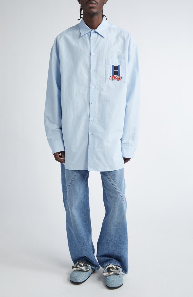 Window Embroidered Oversize Linen & Cotton Button-Up Shirt