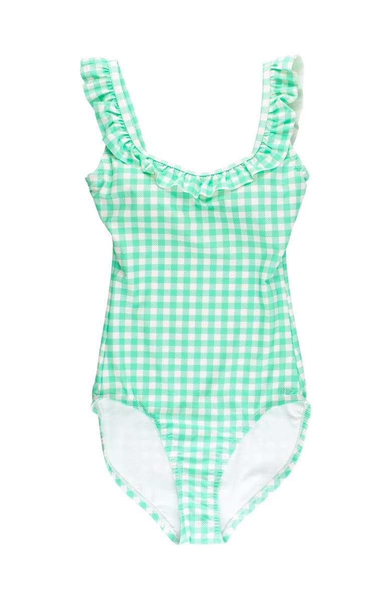 RuffleButts UPF50+ Women's Ruffle One Piece Swimsuit, Main, color, Spring Green Gingham