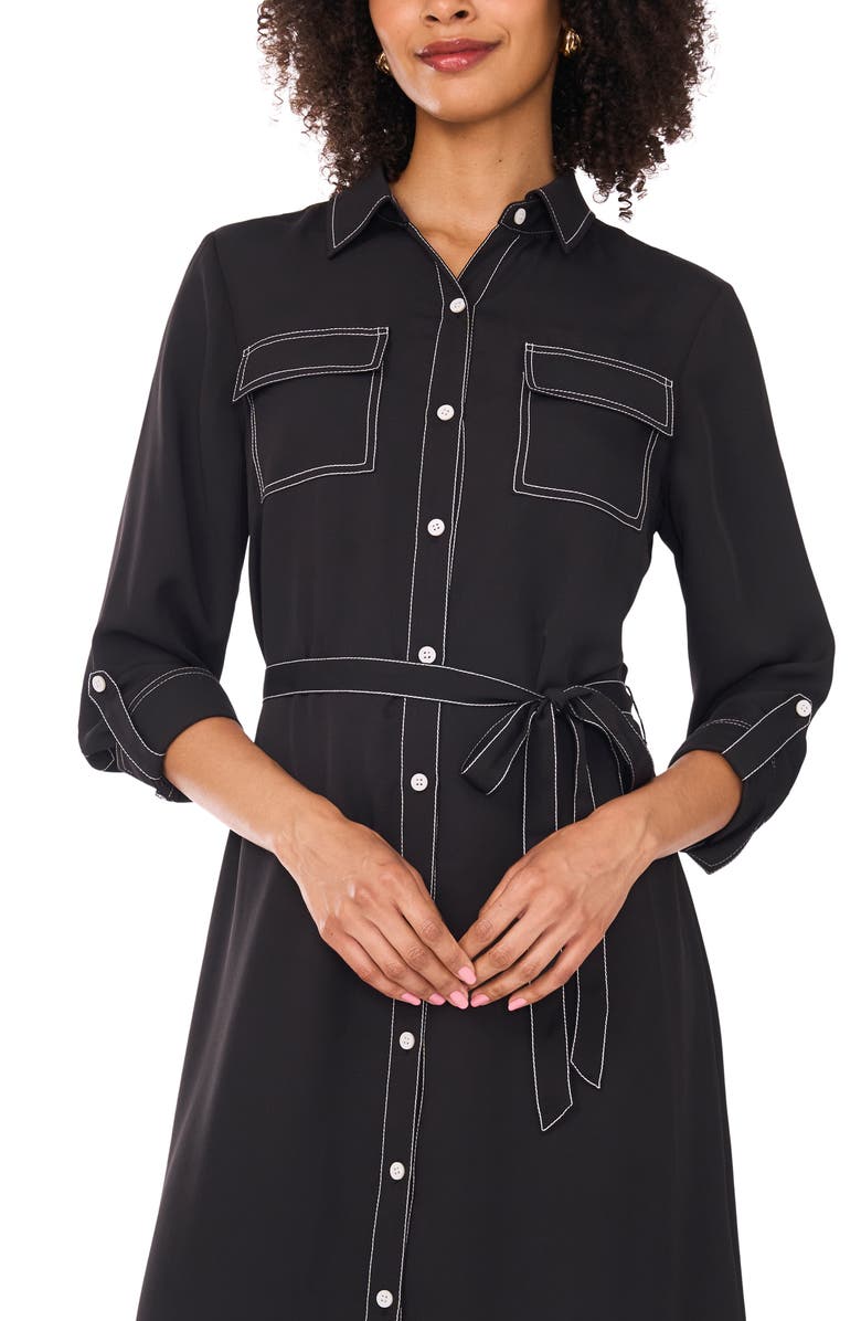 Vince Camuto Long Sleeve Contrast Stitch Shirtdress, Alternate, color, Rich Black