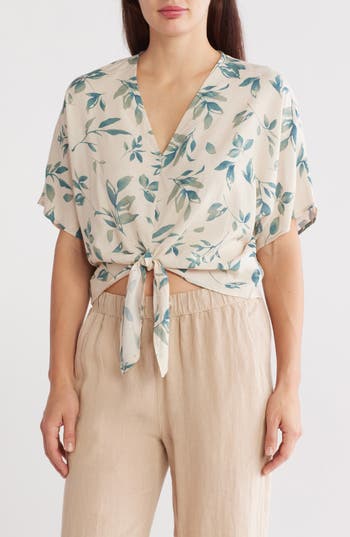 RENEE C RENEE C FLORAL SHORT SLEEVE TIE FRONT CROP TOP 