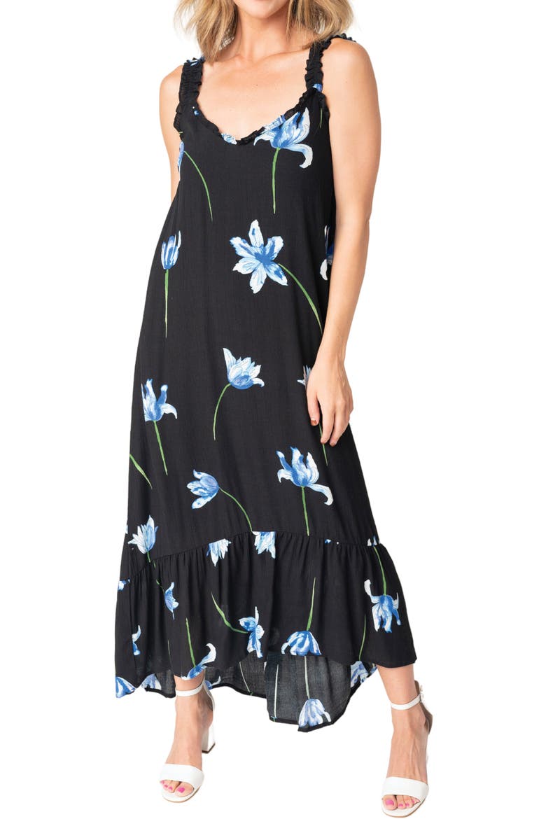 High-Low Ruffle Edge Maxi Dress, Alternate, color, BLACK BLUE FLORAL PRINT