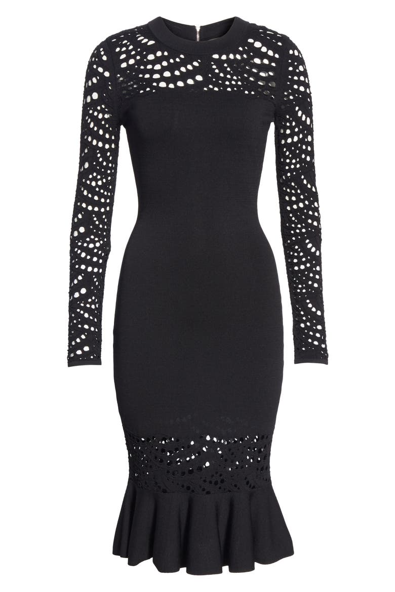 Lace Pointelle Mermaid Midi Dress, Alternate, color, BLACK