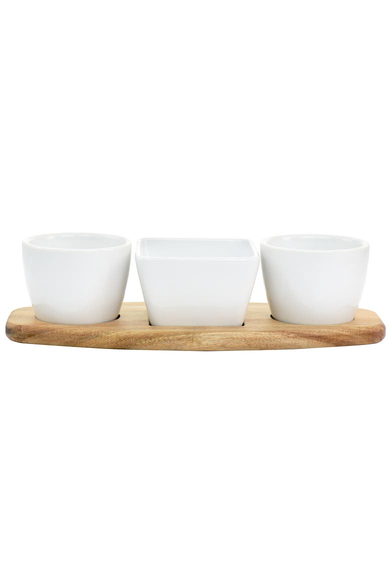 Gracious Dining 4 Piece Fine Ceramic Tidbit Dish Set with Acacia Wood Base, Main, color, White