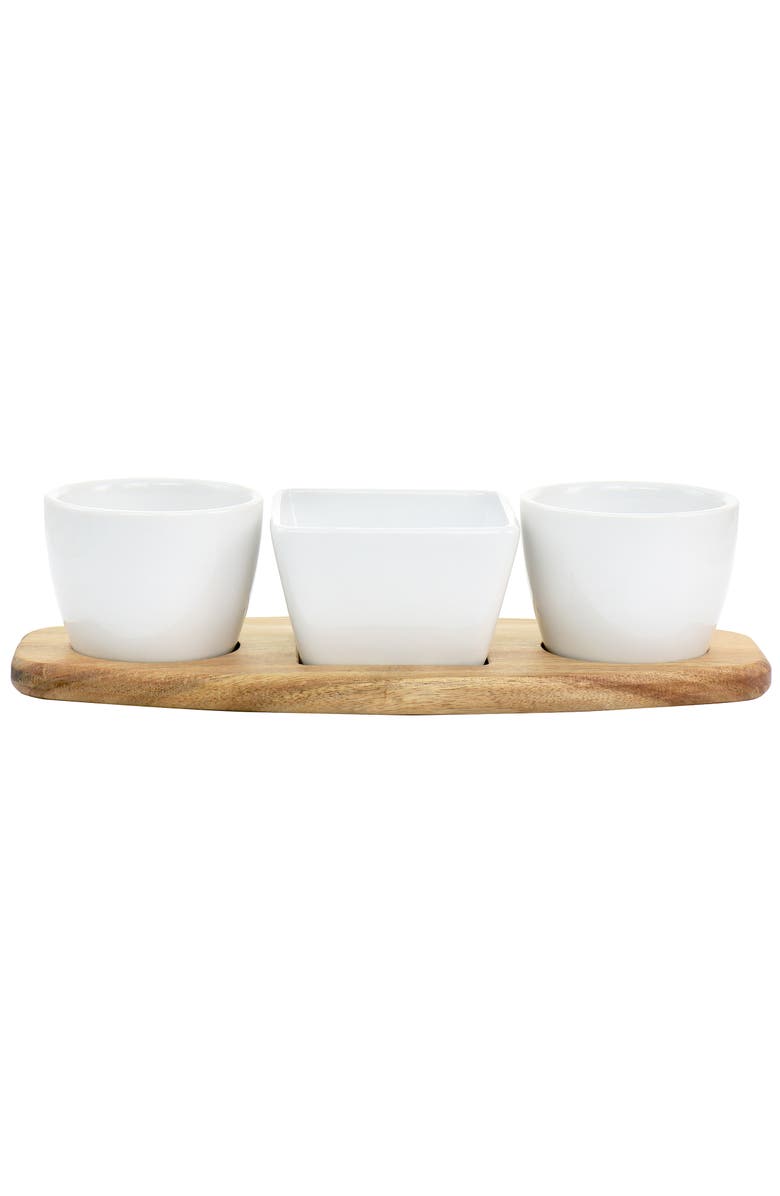 Gibson Elite Gracious Dining 4 Piece Fine Ceramic Tidbit Dish Set with Acacia Wood Base, Main, color, White