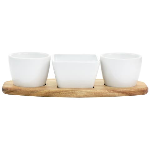Gracious Dining 4 Piece Fine Ceramic Tidbit Dish Set with Acacia Wood Base