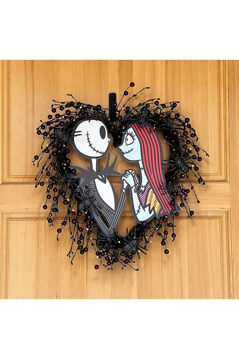 Disney Jack Skellington and Sally 26-Inch Pre-Lit Halloween Wreath, Alternate, color, Black