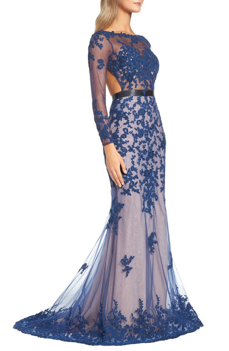 Mac Duggal Long Sleeve Open Back Embroidered Tulle Gown, Alternate, color, 