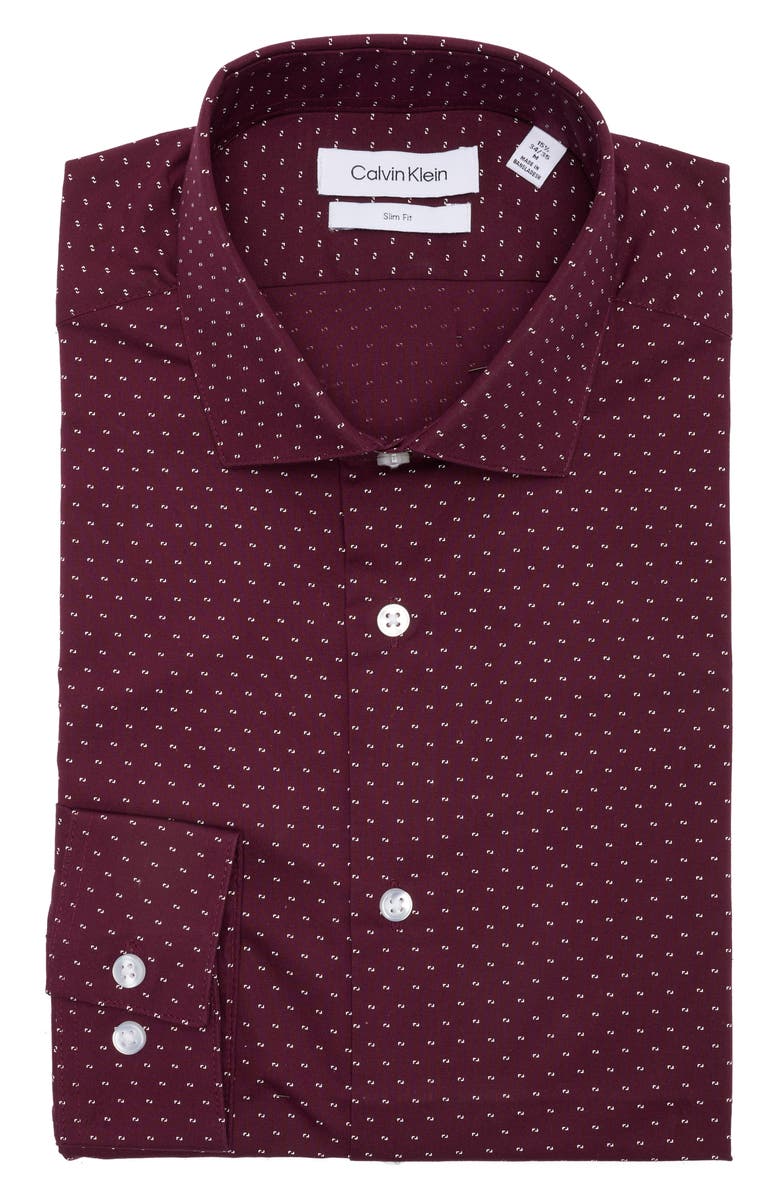 Calvin Klein Geometric Dot Slim Fit Cotton Dress Shirt, Alternate, color, Burgundy