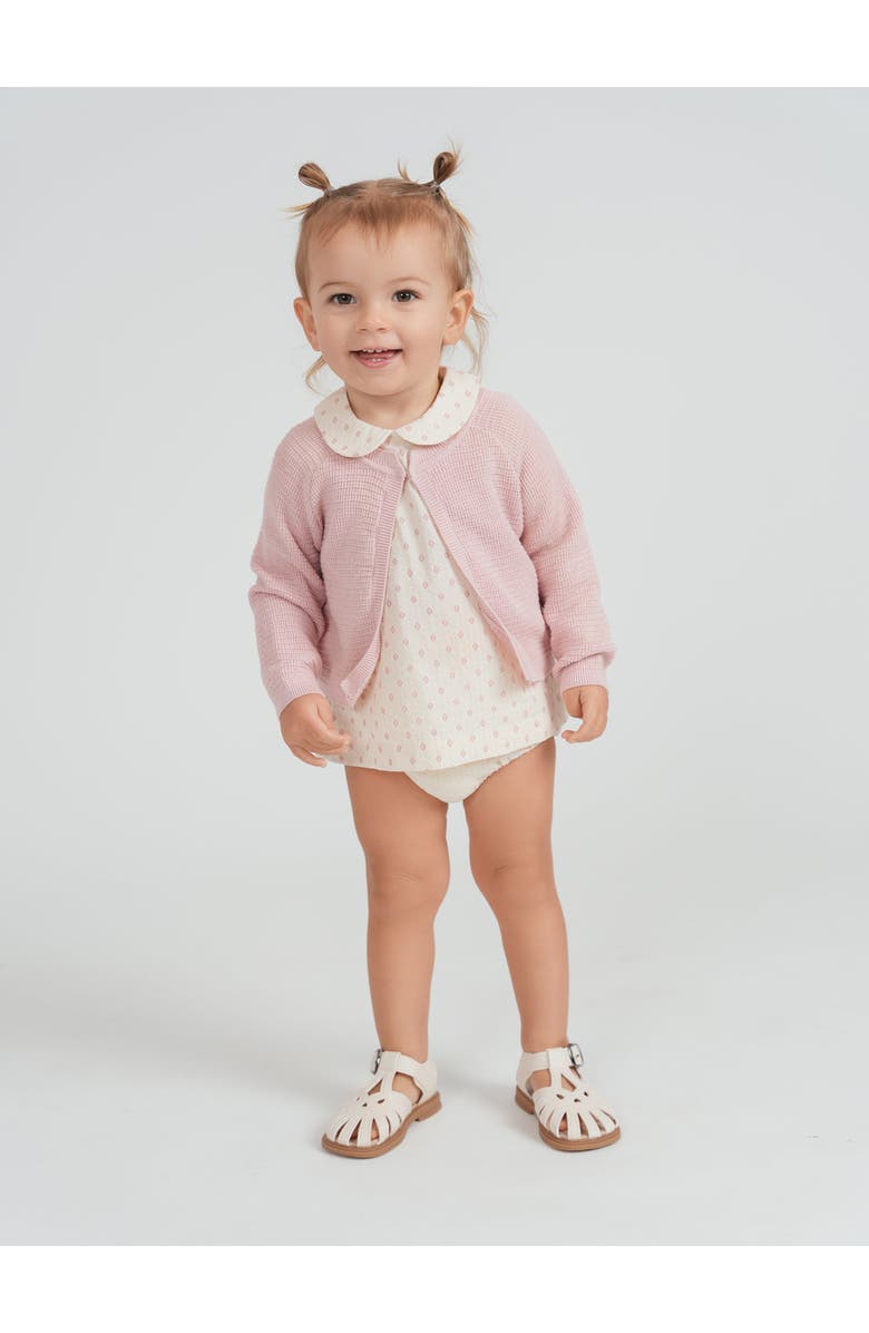 Space Grey Printed Gauze Three Piece Short Sleeve Top, Cardigan and Bottoms Set, Alternate, color, Cream/Pink