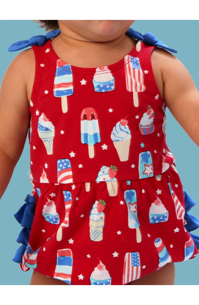 RuffleButts Baby/Toddler Knit Tie Shoulder Bubble Romper, Alternate, color, Stars & Scoops