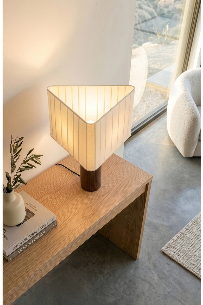 Koa 20" LED Table Lamp with Solid Walnut Wood Base and Triangle Cotton Shade, Alternate, color, Walnut