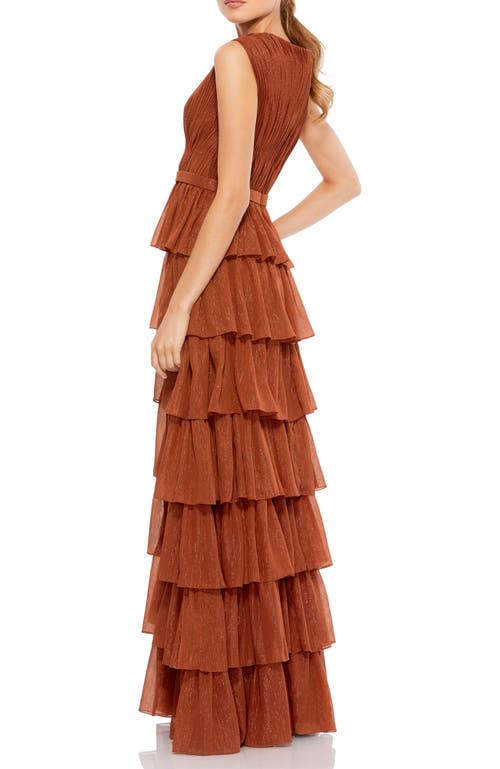 Mac Duggal Plunge Neck Ruffle Tiered Gown In Nutmeg