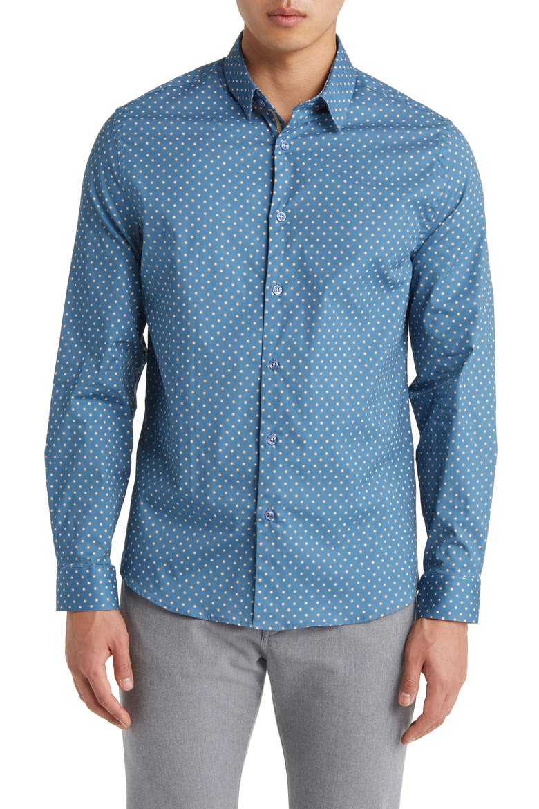 Painted Dot Print Stretch Cotton Button-Up Shirt, Main, color, SLATE BLUE