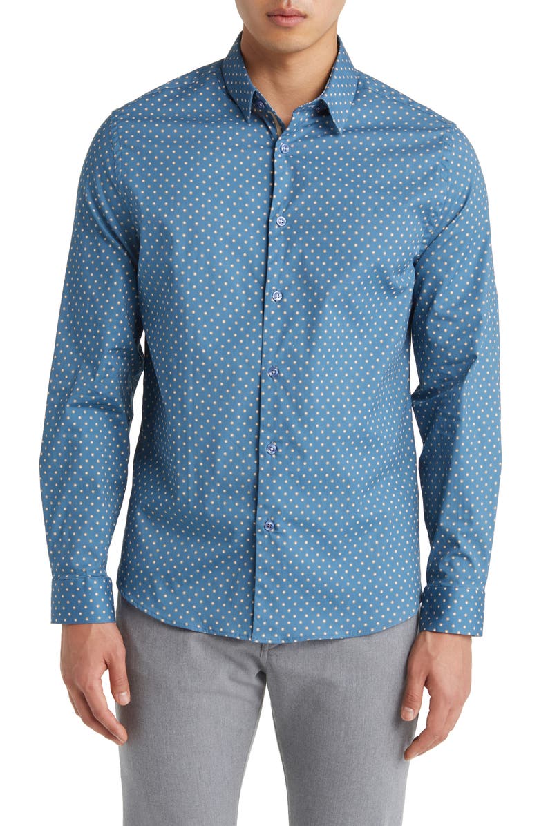 Stone Rose Painted Dot Print Stretch Cotton Button-Up Shirt, Main, color, Slate Blue