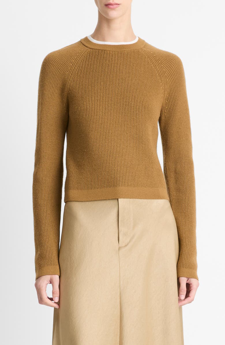 Vince Contrast Trim Merino Wool & Cashmere Sweater, Main, color, Amber Nut/ Off White