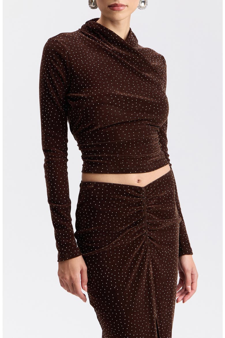 Crystal Embellished Faux Wrap Crop Top, Alternate, color, BROWN