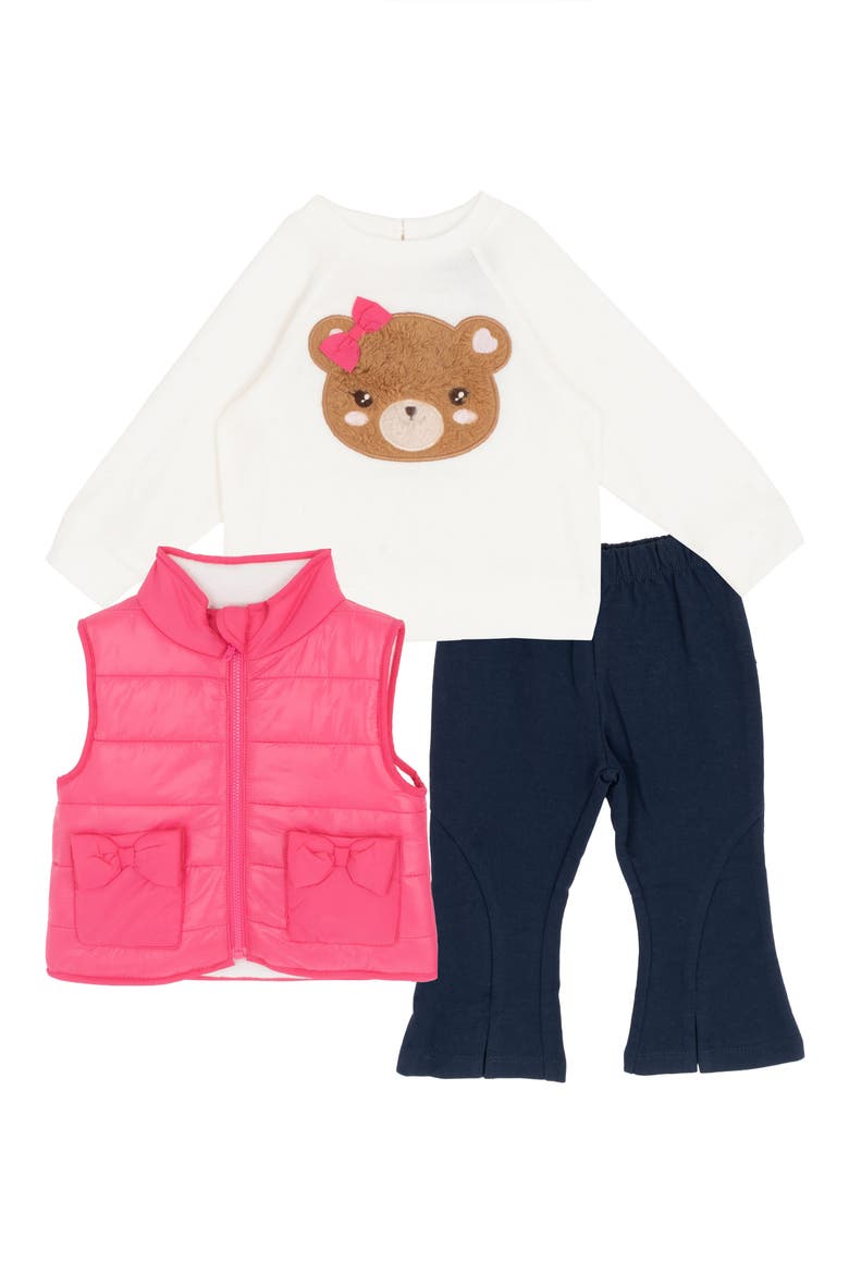 Teddy Sweatshirt, Puffer Vest & Flare Pants Set, Main, color, MAGENTA
