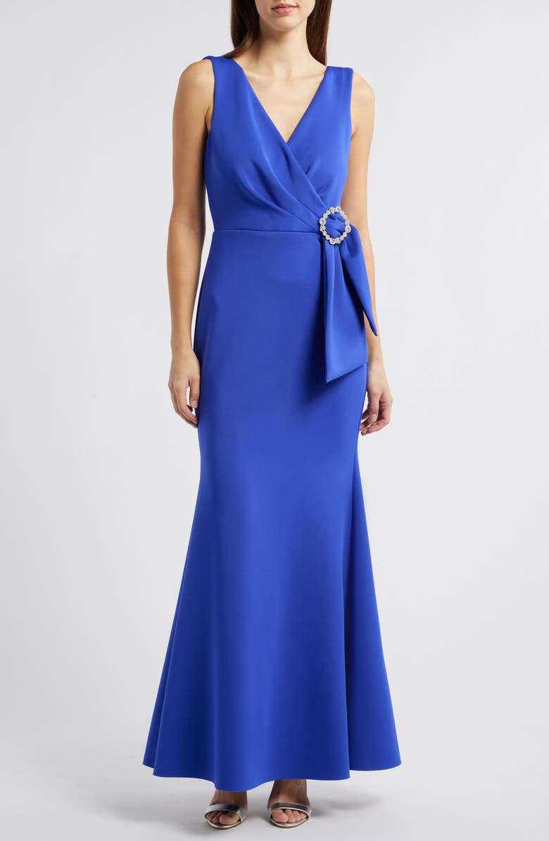 Eliza J Surplice V-Neck Sleeveless Mermaid Gown, Main, color, Cobalt