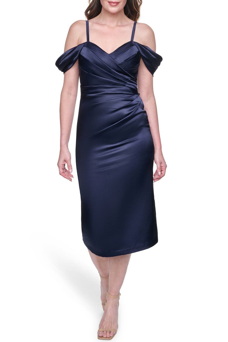 Pleated Satin Off the Shoulder Midi Dress, Main, color, NAVY