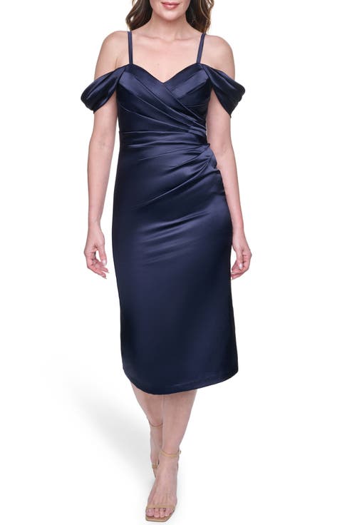 Pleated Satin Off the Shoulder Midi Dress