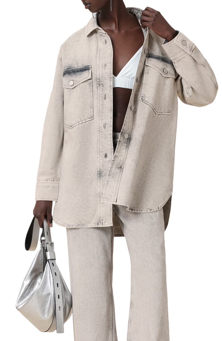 AllSaints Faye Sparkle Embellished Long Sleeve Shacket Minidress, Alternate, color, Snow Grey