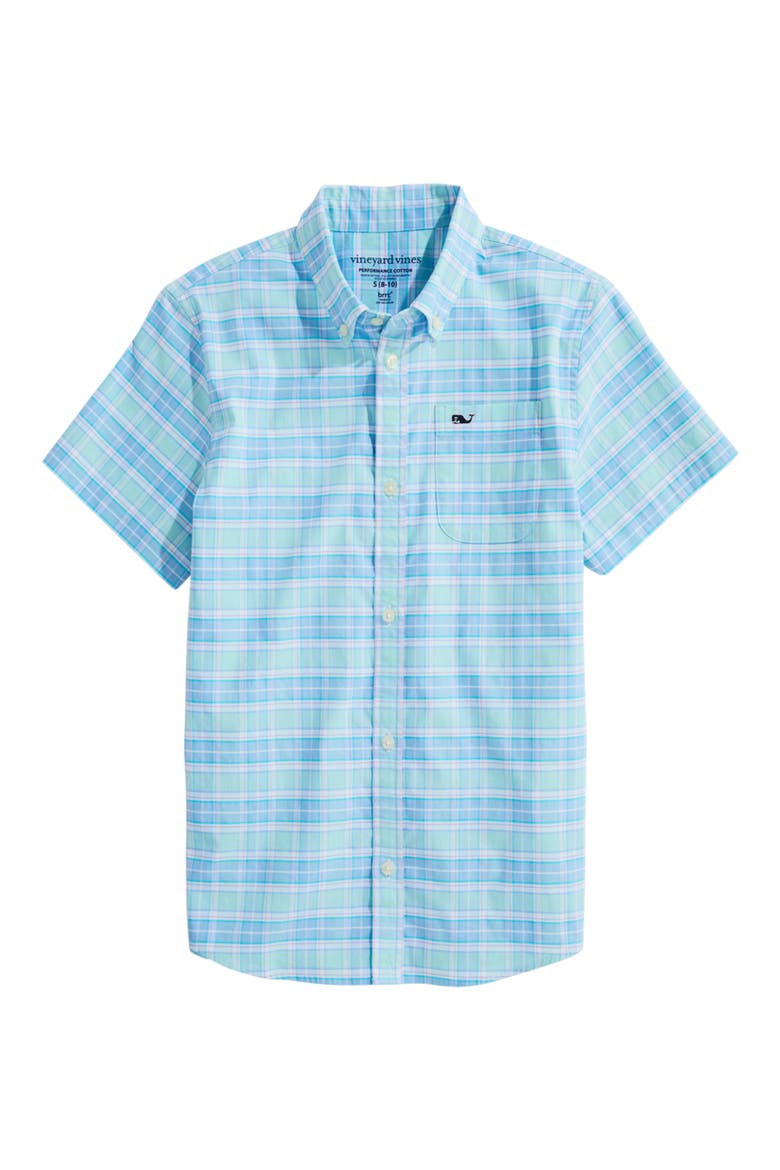 Kids' Plaid Short Sleeve Button-Down Shirt, Main, color, SEA SPLASH