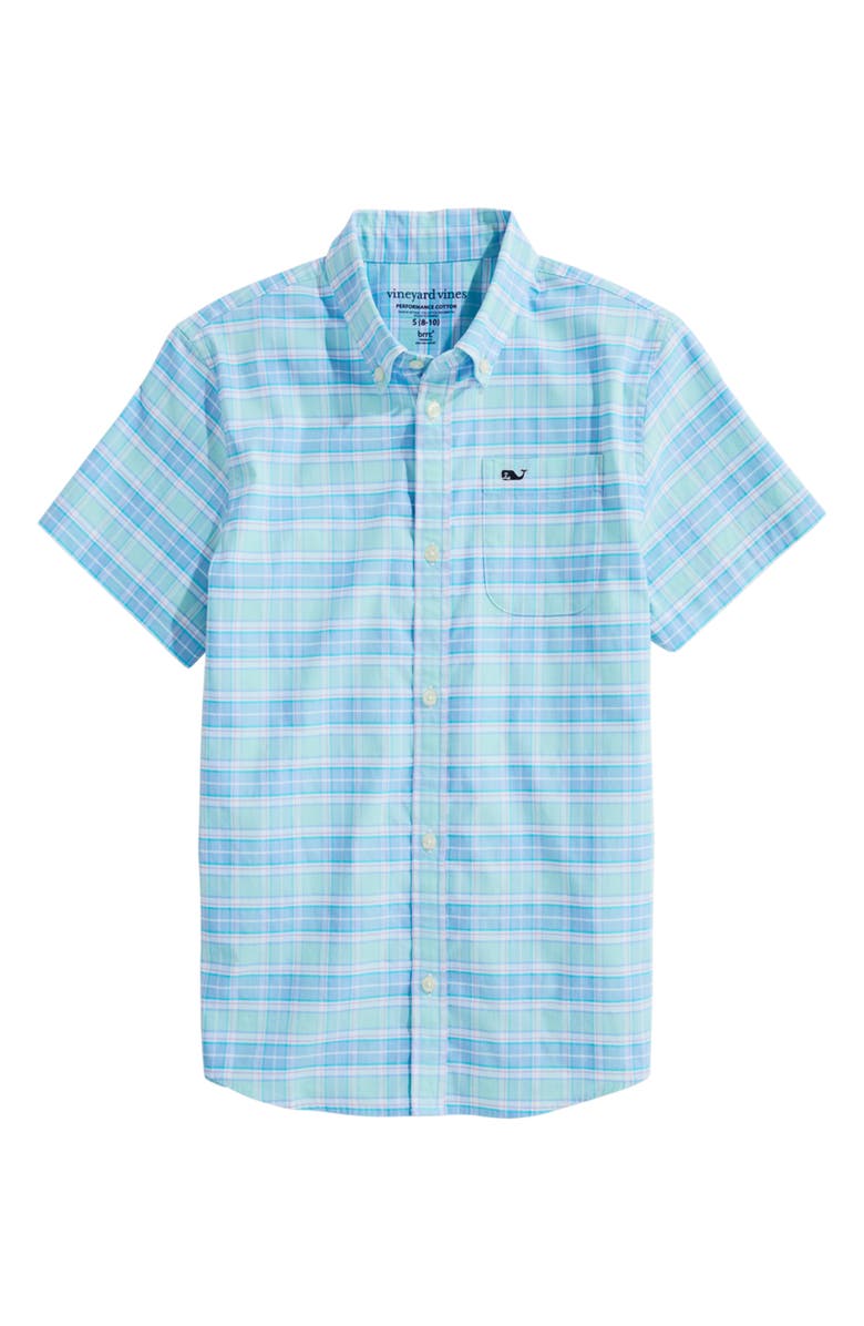 vineyard vines Kids' Plaid Short Sleeve Button-Down Shirt, Main, color, Sea Splash
