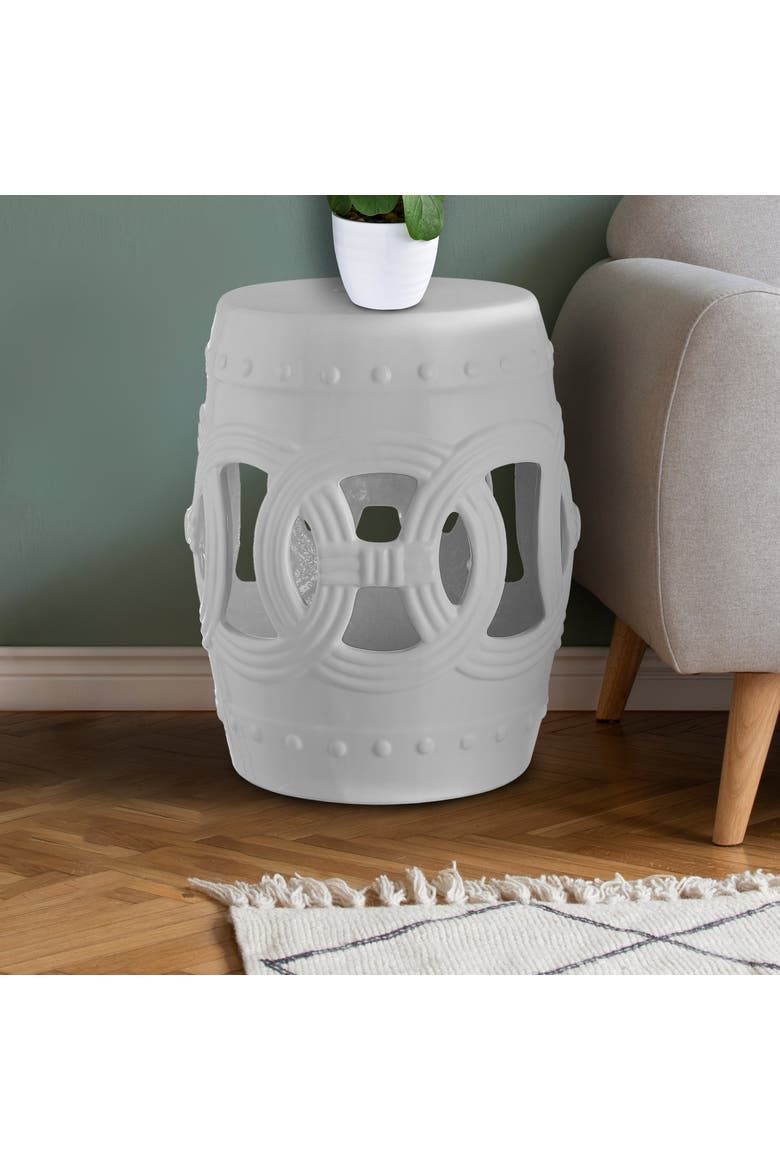Lucky Coins Contemporary Ceramic Cutout Interlocking Rings Drum Garden Stool, Indoor & Outdoor Accent Side Table, Seat, Alternate, color, White