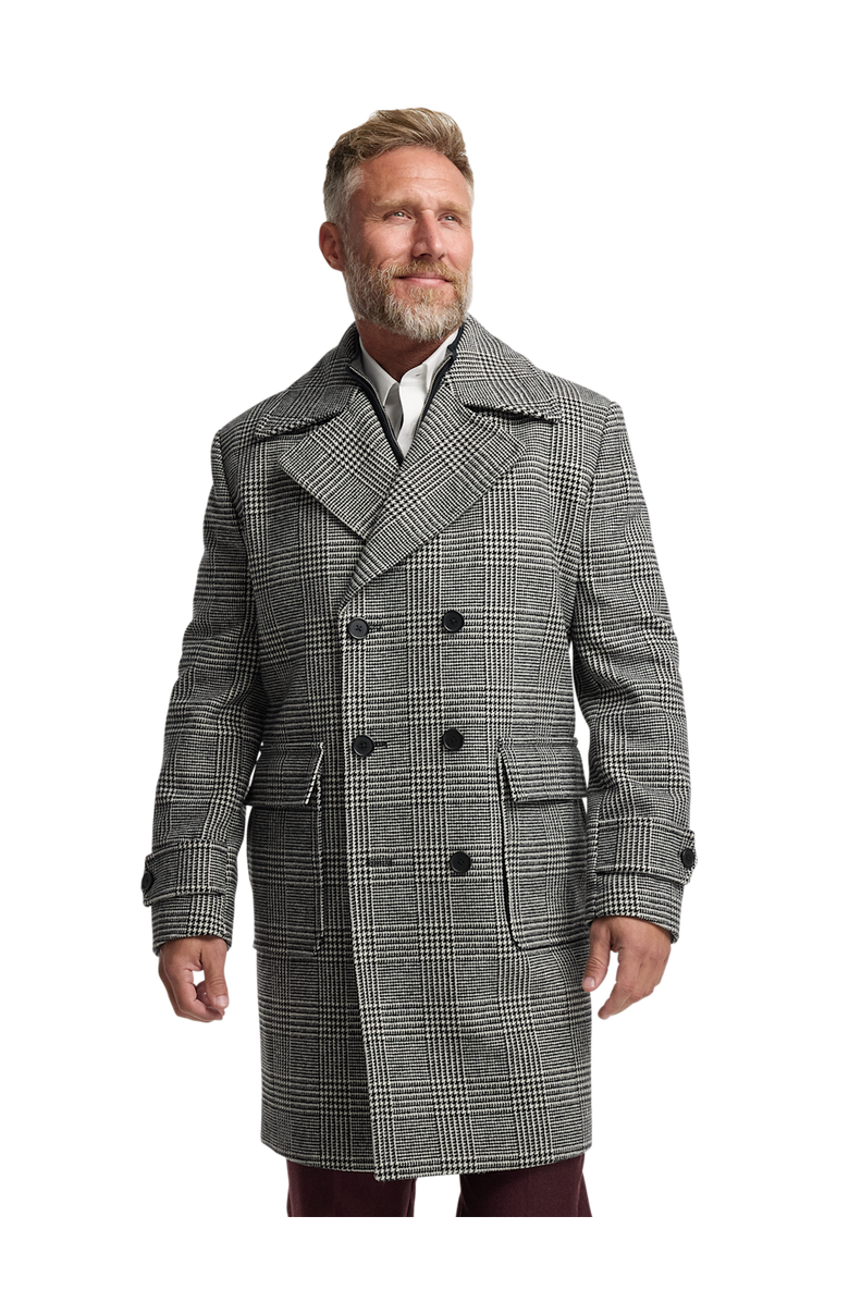 Paul Fredrick Wool Blend Plaid Double Breasted Topcoat, Alternate, color, Black/White