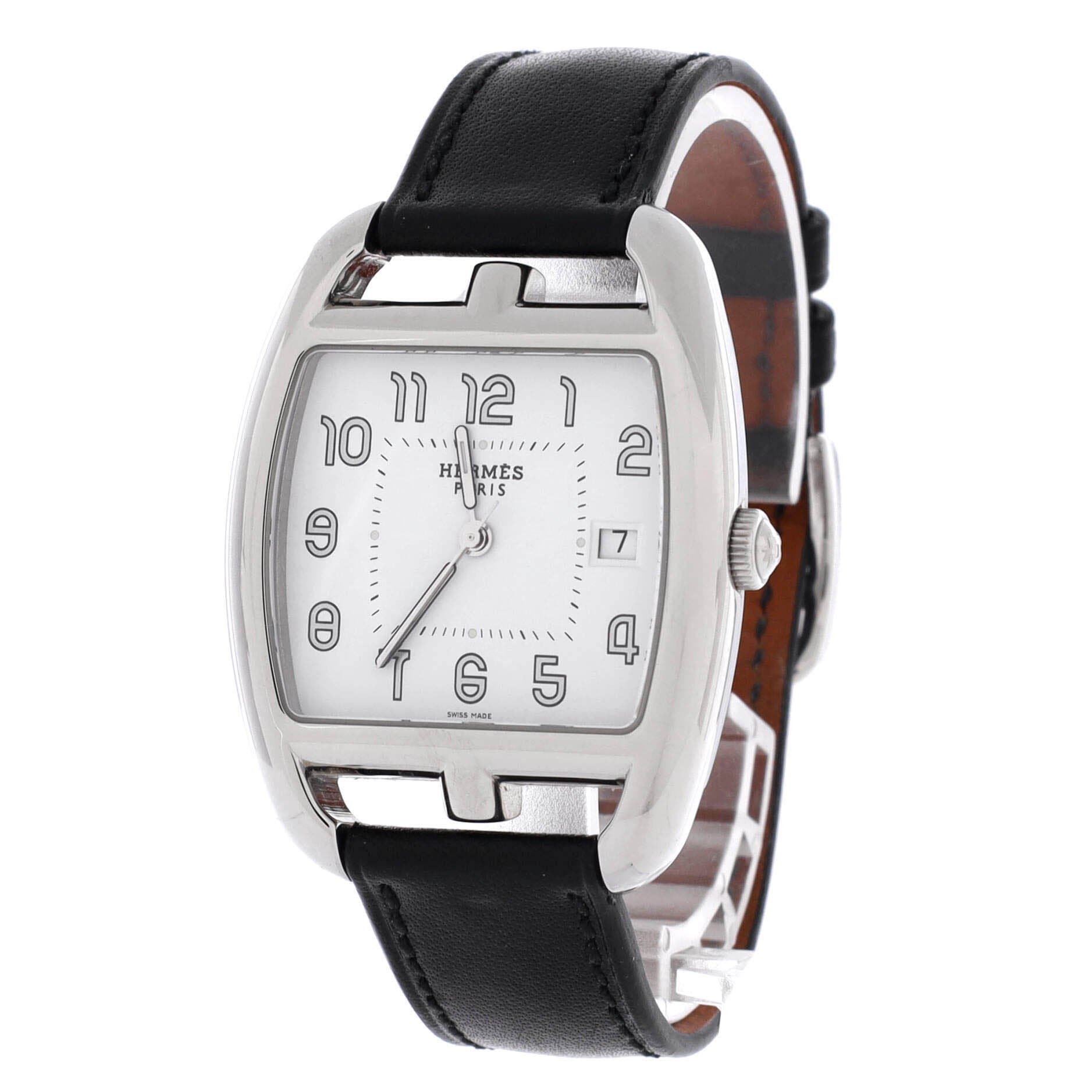 Pre-Owned Hermes Cape Cod Tonneau Quartz Watch Stainless Steel and Leather 33, Alternate, color, Black