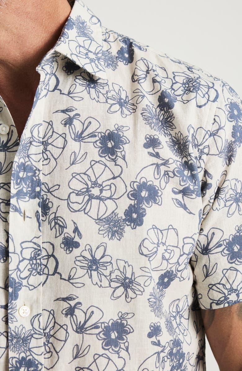 34 Heritage Floral Short Sleeve Cotton & Linen Button-Up Shirt, Alternate, color, Vintage Indigo