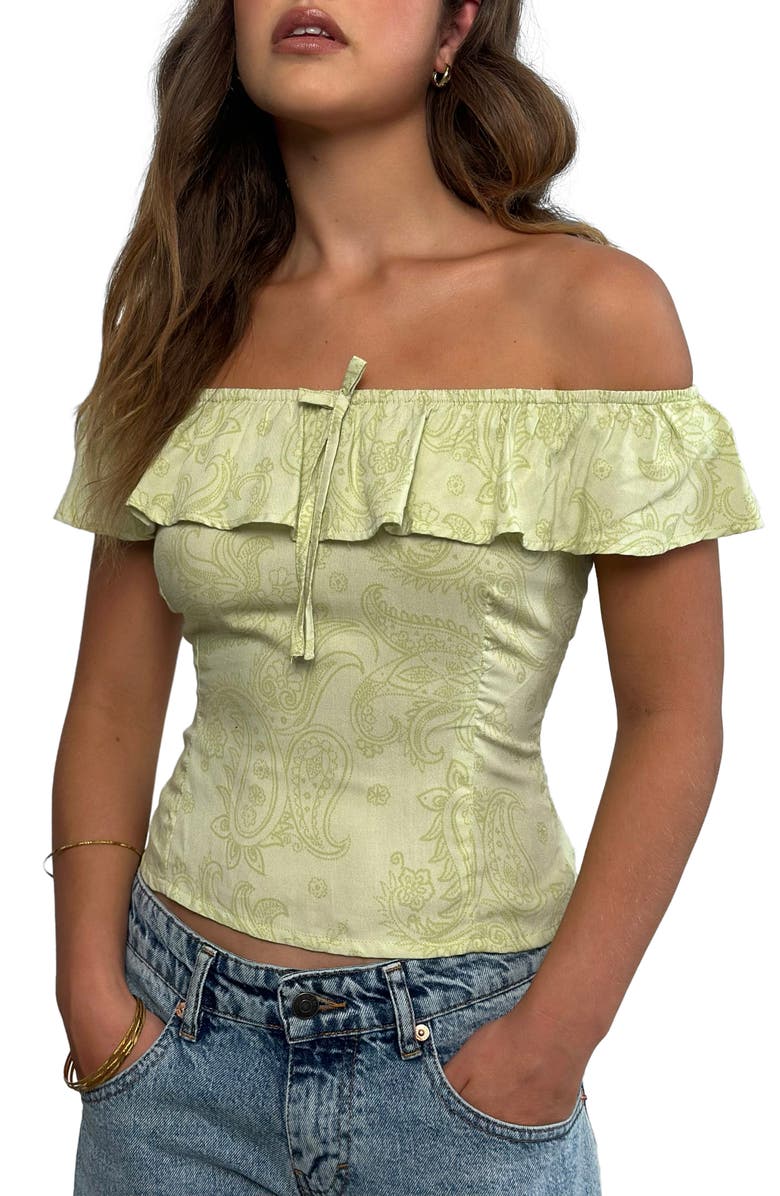 Motel Yokai Paisley Off the Shoulder Top, Alternate, color, Retro Paisley Lime