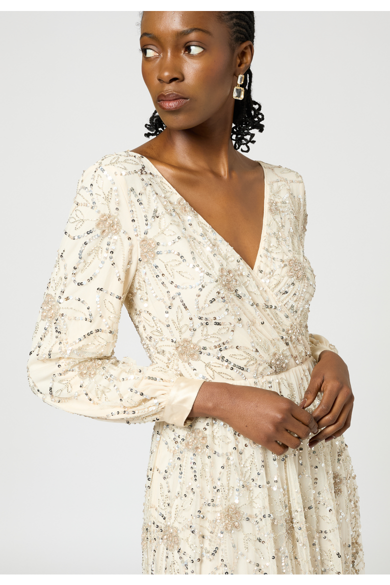 Embellished Sequin Beaded Maxi Dress with cuff sleeves, Alternate, color, CREAM