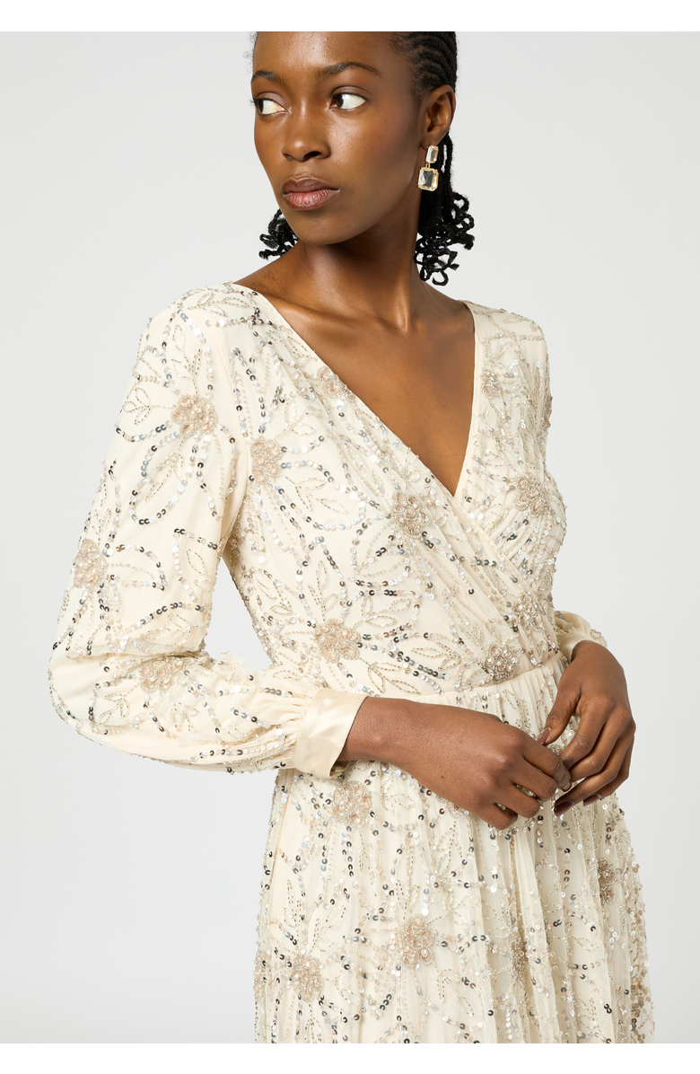 BEAUUT Embellished Sequin Beaded Maxi Dress with cuff sleeves, Alternate, color, Cream