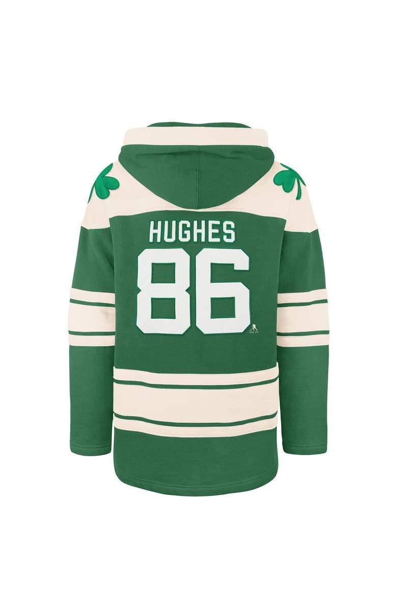 '47 Men's '47 Jack Hughes Kelly Green New Jersey Devils St. Patrick's Day Player Name & Number Lacer Pullover Hoodie, Alternate, color, Kelly Green