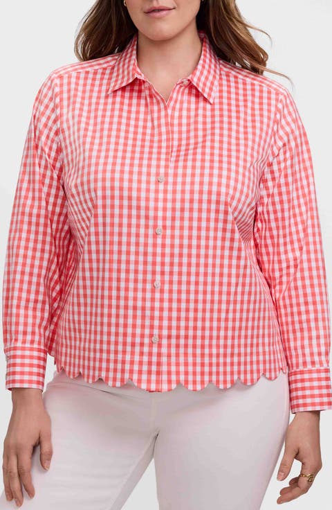 Scarlett Gingham Scallop Hem Button-Up Shirt (Plus)