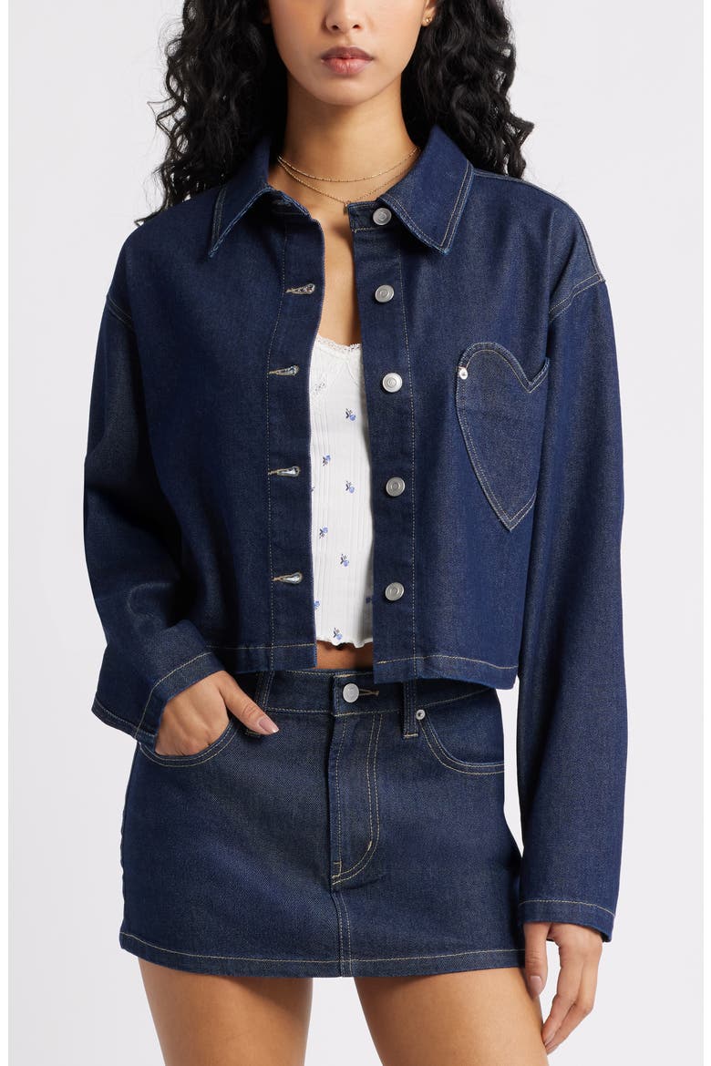 Heart Pocket Crop Denim Shacket, Main, color, RINSE WASH