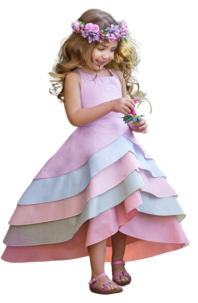 Mia Belle Girls Girls Pretty Petal Pastel Rainbow Tiered Dress, Main, color, Pink