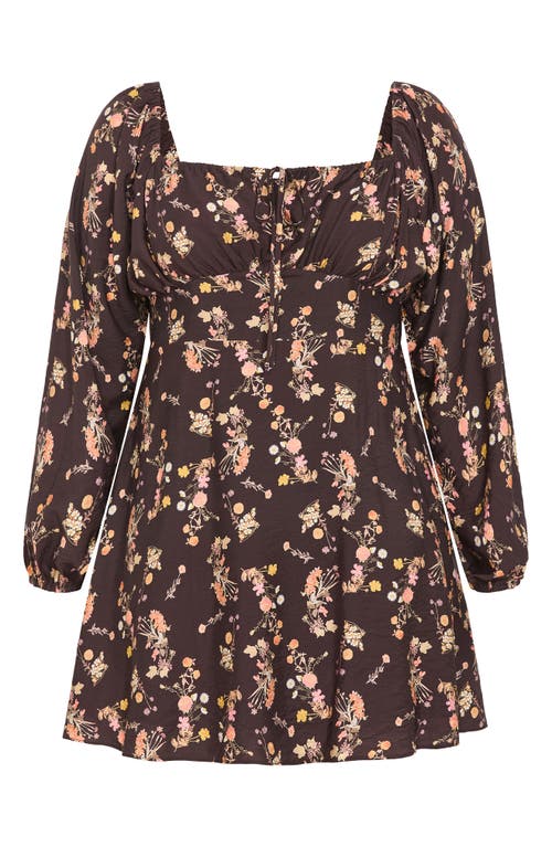 City Chic Abbie Floral Long Sleeve Minidress In Brown
