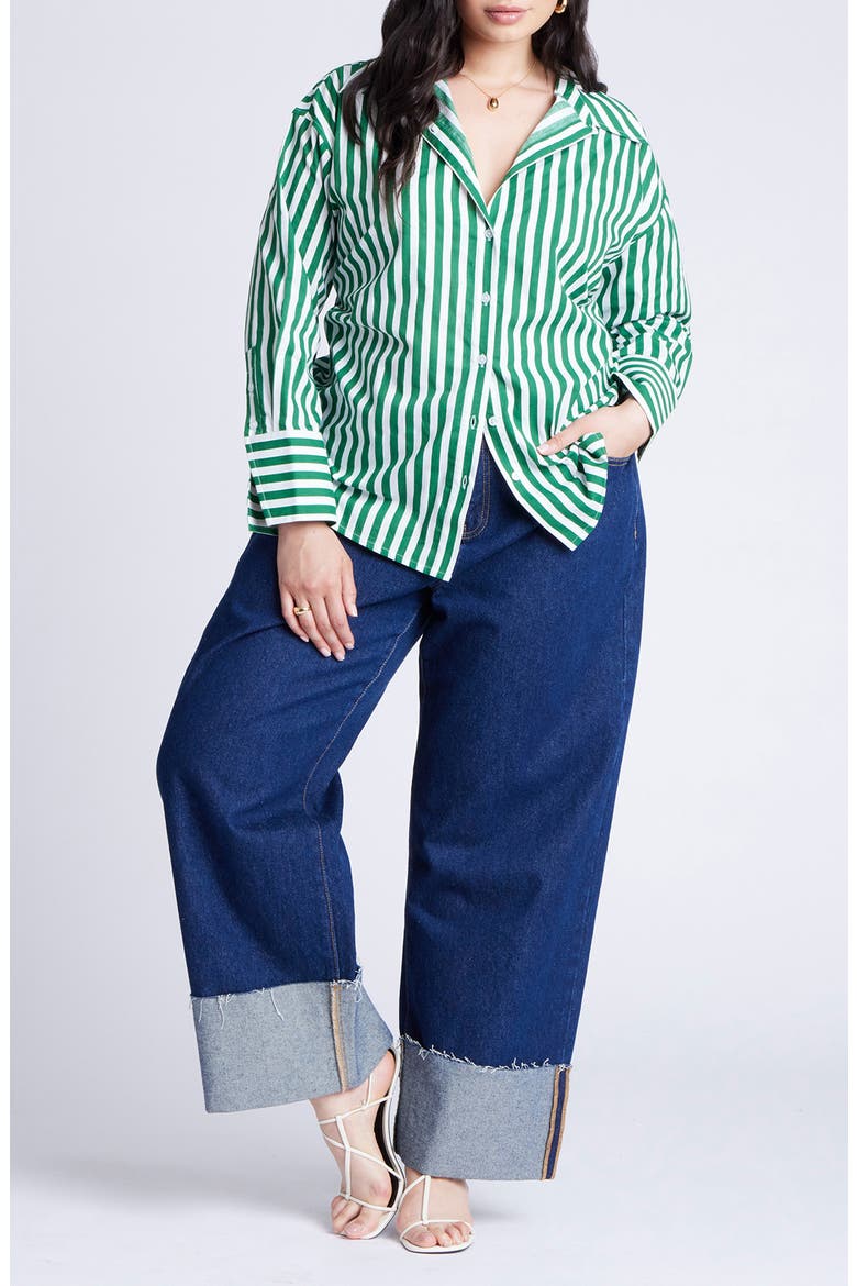 Stripe Open Tie Back Cotton Button-Up Shirt, Alternate, color, GREEN AND WHITE STRIPE