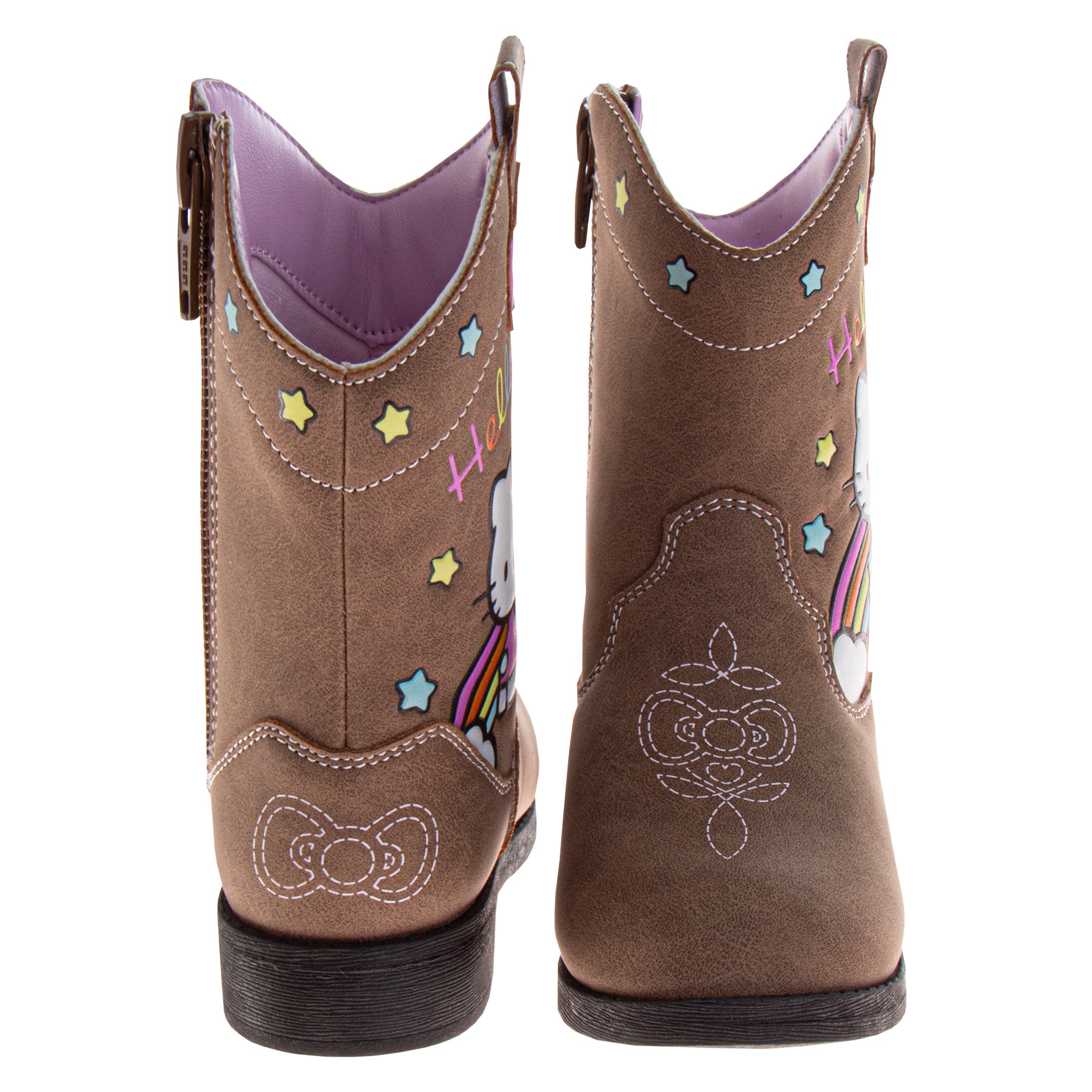 Josmo Kids Hello Kitty Cowboy Boots  Cute Rainbow & Star Design Calf High Western Country Boots for Girls, Alternate, color, BROWN