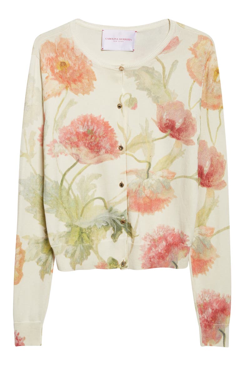 Poppy Print Silk & Cotton Cardigan, Alternate, color, ALMOND MULTI
