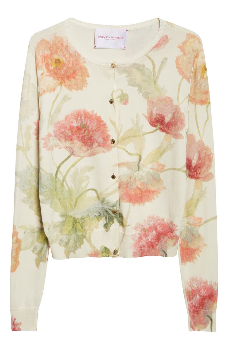 Carolina Herrera Poppy Print Silk & Cotton Cardigan, Alternate, color, Almond Multi
