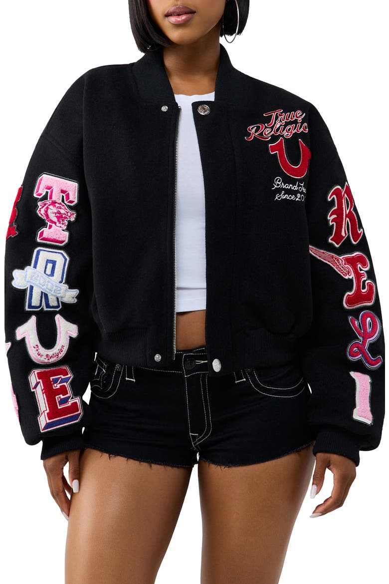Embroidered Varsity Bomber Jacket, Main, color, JET BLACK