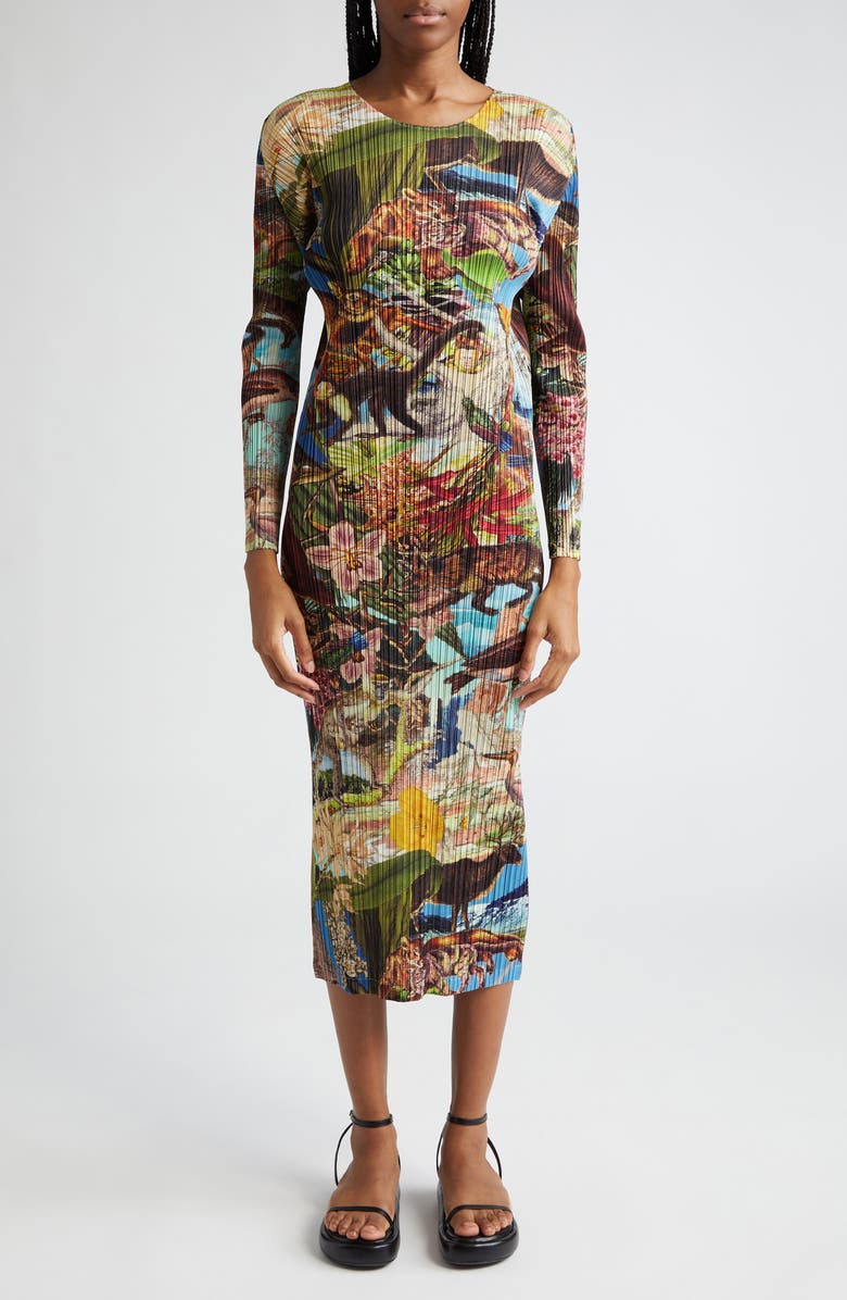 Pleats Please Issey Miyake Auroro Jungle Print Pleated Long Sleeve Midi Dress, Main, color, 