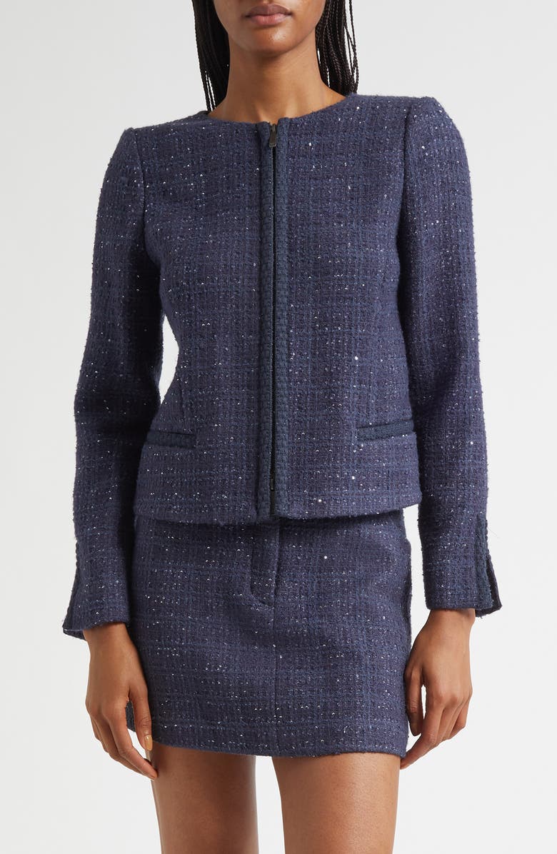 Emporio Armani Tweed Metallic Zip-Up Jacket, Main, color, Purple