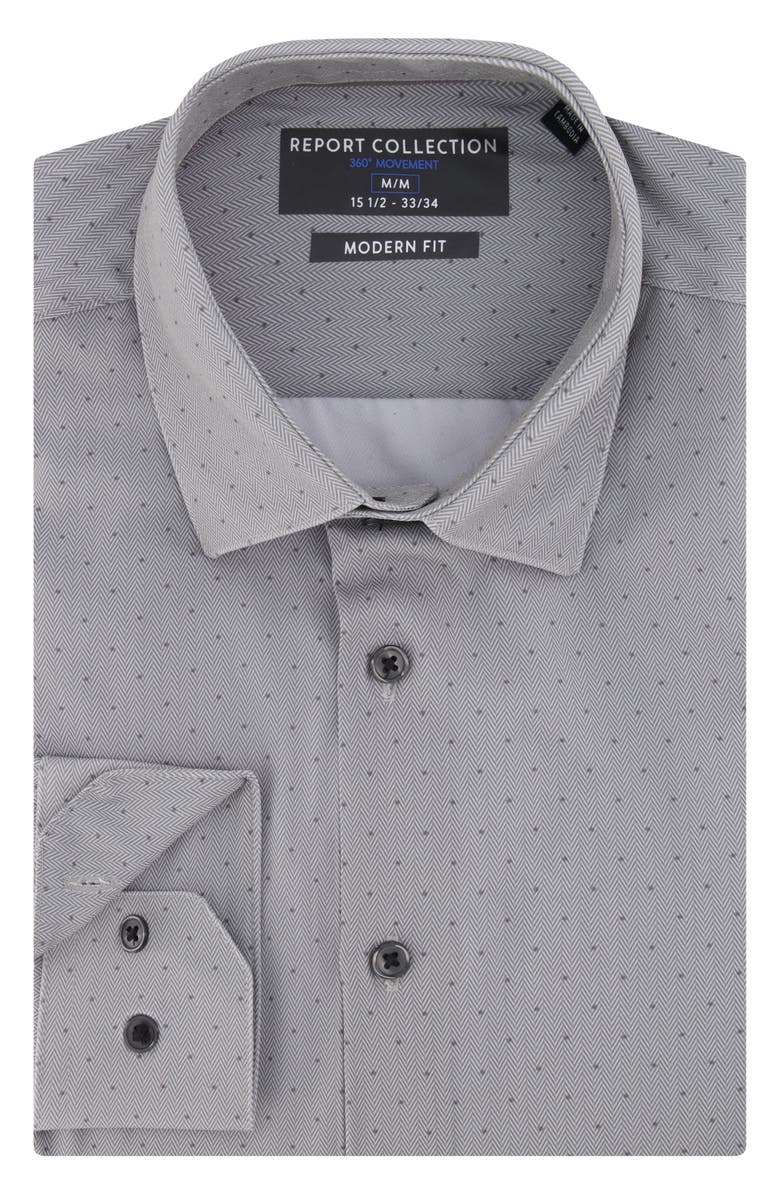 Report Collection Modern Fit Herringbone Print 4-Way Stretch Button-Up Shirt, Alternate, color, Light Grey