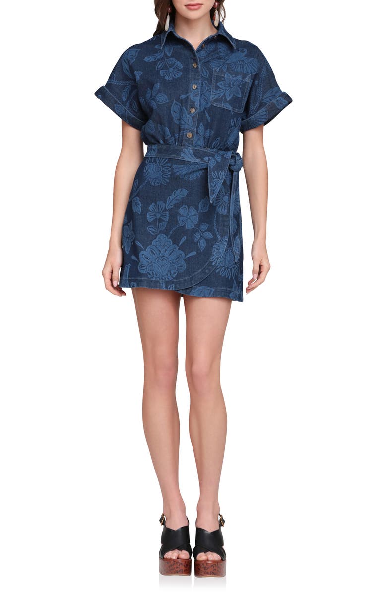 Avec Les Filles Floral Print Belted Denim Minidress, Main, color, Parrot Fan Laser Pr