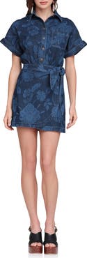 Avec Les Filles Floral Print Belted Denim Minidress