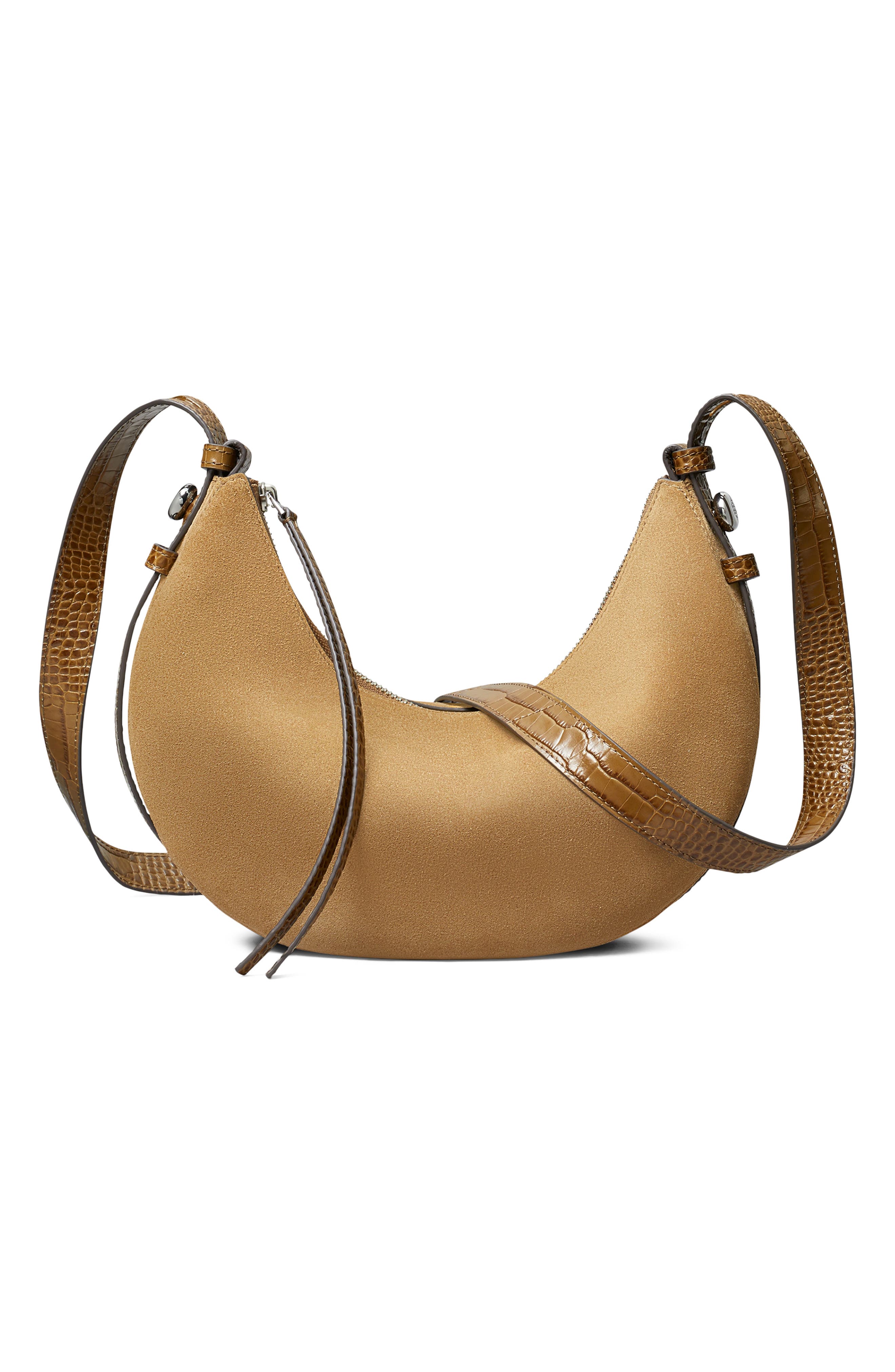 Romy Suede Half Moon Shoulder Bag, Alternate, color, STONE